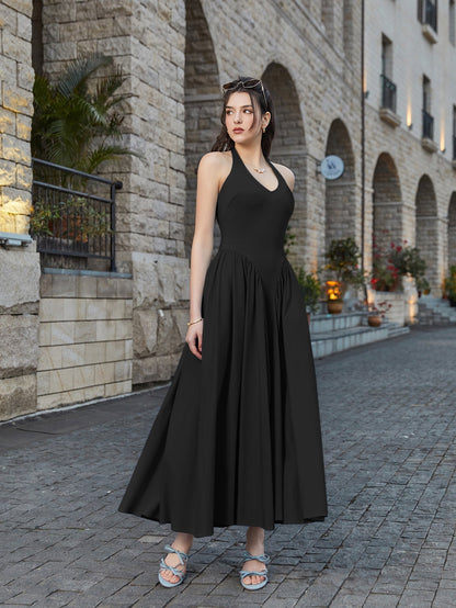 Halter Deep V-Neck Ruched Waist Solid Dress