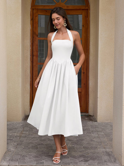 Halter Ruched Backless Flared Pocket Long Dress