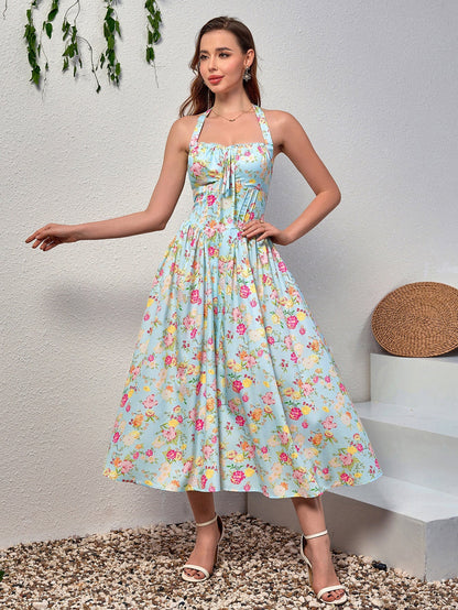 Halter Tie Smocking Floral Print Bodycon Dress