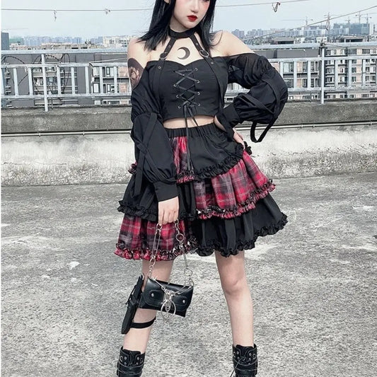 Harajuku Twodimensional Dark Petticoat Cosplay Red Plaid Stitching High Waist Aline Spice Girl Rock Skirt