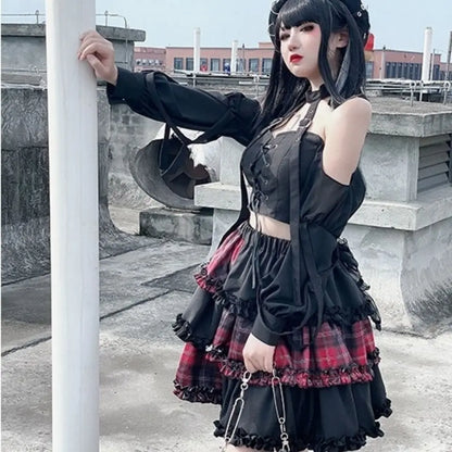 Harajuku Twodimensional Dark Petticoat Cosplay Red Plaid Stitching High Waist Aline Spice Girl Rock Skirt
