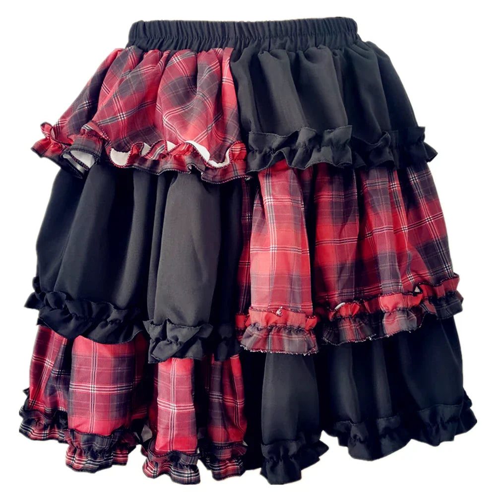 Harajuku Twodimensional Dark Petticoat Cosplay Red Plaid Stitching High Waist Aline Spice Girl Rock Skirt