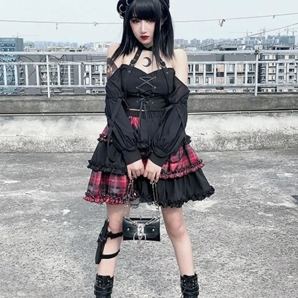 Harajuku Twodimensional Dark Petticoat Cosplay Red Plaid Stitching High Waist Aline Spice Girl Rock Skirt