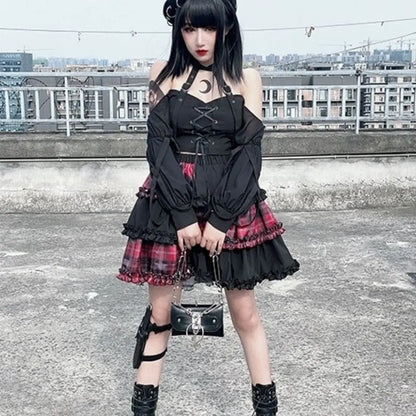 Harajuku Twodimensional Dark Petticoat Cosplay Red Plaid Stitching High Waist Aline Spice Girl Rock Skirt