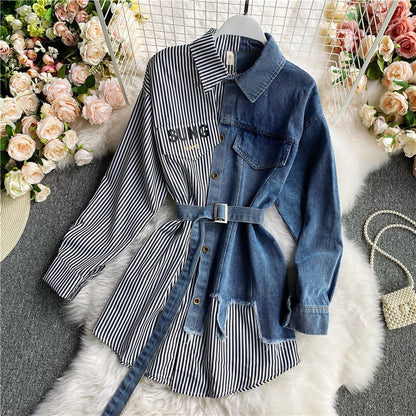 Women's Blouse Autumn Long Sleeve Shirt Tops Jeans Patchwork Plaid Blouses Elegantes Blusas para mujer Slim Shirt Dress