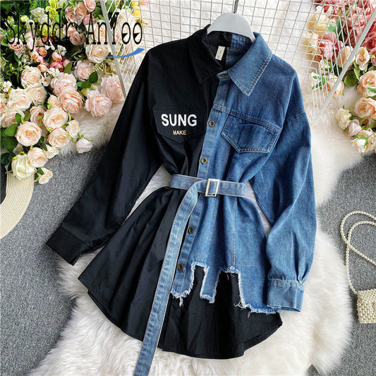 Women's Blouse Autumn Long Sleeve Shirt Tops Jeans Patchwork Plaid Blouses Elegantes Blusas para mujer Slim Shirt Dress