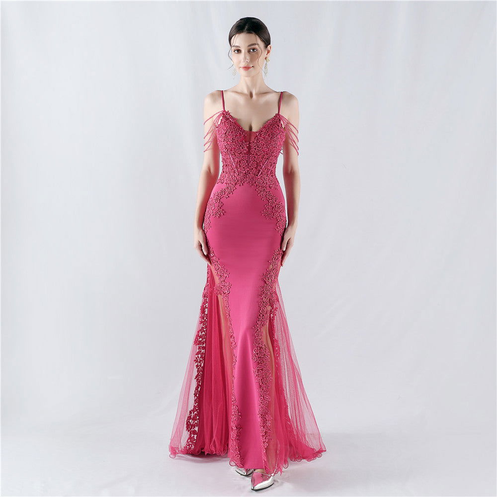 Heavy Embroidery Drilling Boning Corset Vest Lace Beaded High Fork Evening Dress