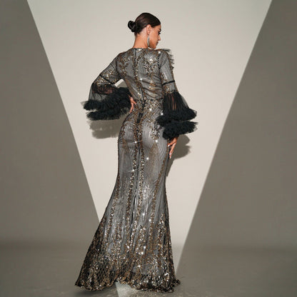 High End Long Sleeve Crew Neck Long Sequined Cocktail Fishtail Evening Dress Bridesmaid Dress