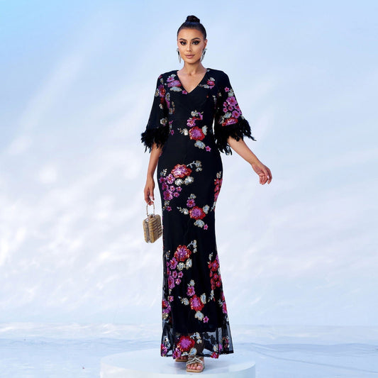 High End Long Sequined Short Sleeve V Neck Cocktail Evening Dress Bridesmaid Dress