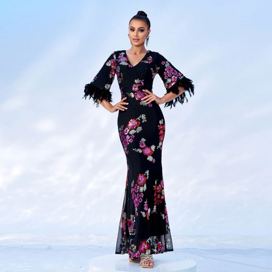 High End Long Sequined Short Sleeve V Neck Cocktail Evening Dress Bridesmaid Dress