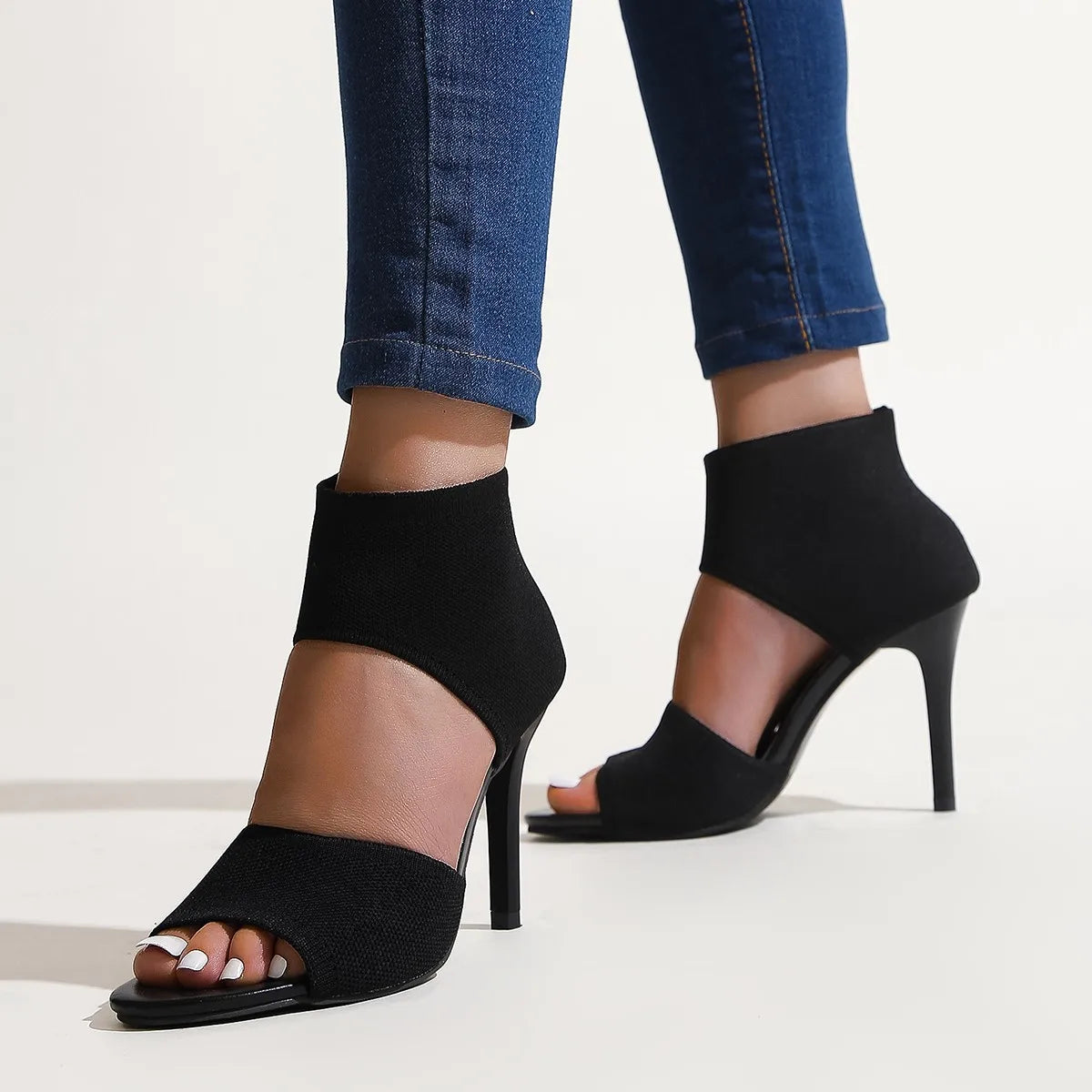 Hot Designer Knitted High Heel Open Toe  Leopard Print High Heel