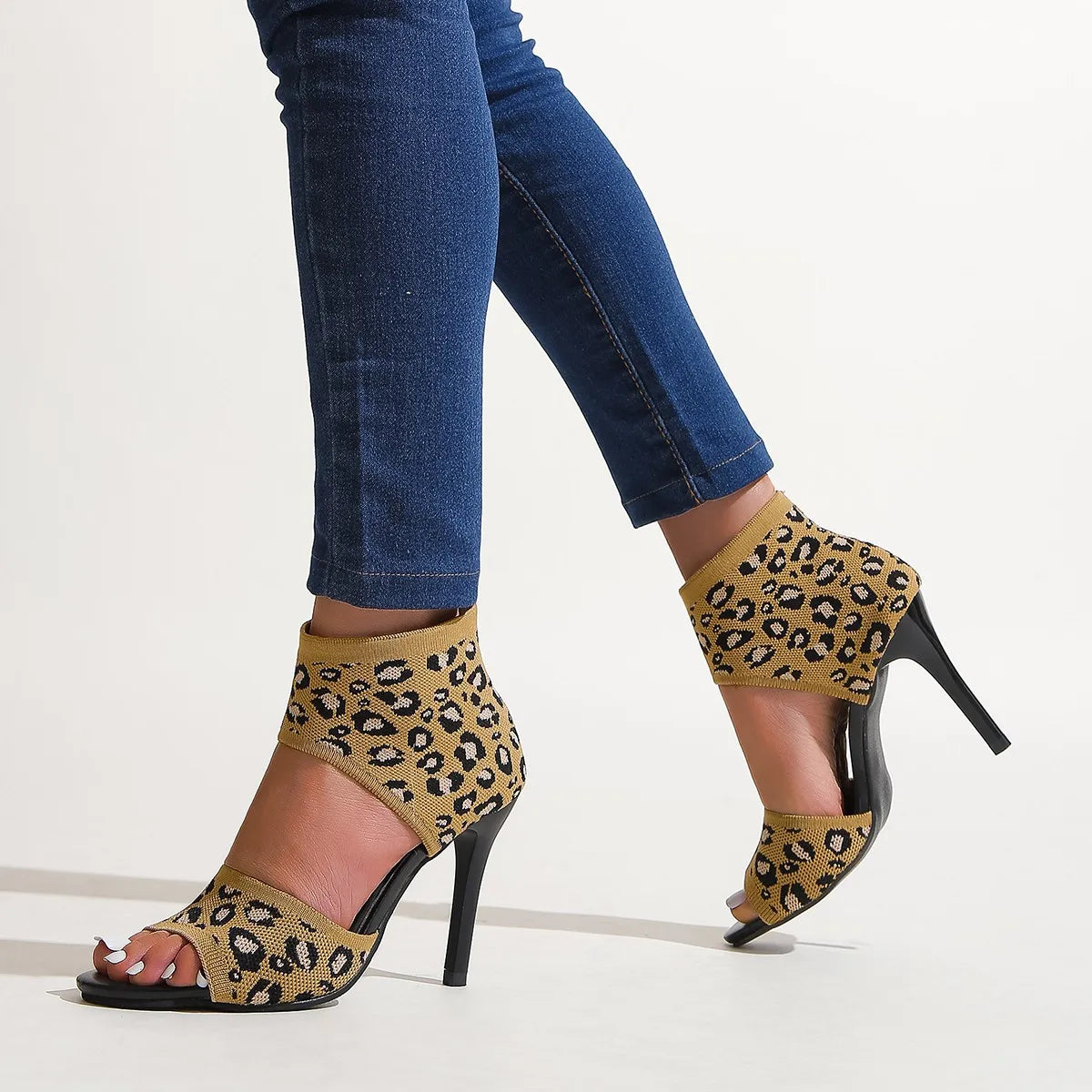 Hot Designer Knitted High Heel Open Toe  Leopard Print High Heel