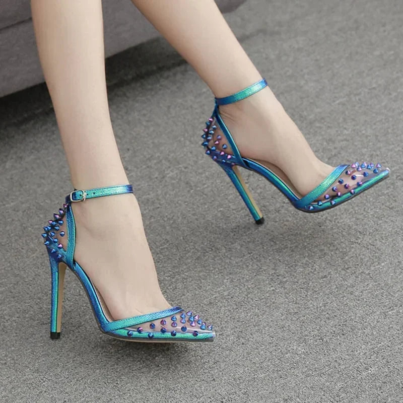 Hot  Colorful Rivet Transparent PVC Buckle Strap Party High Heel