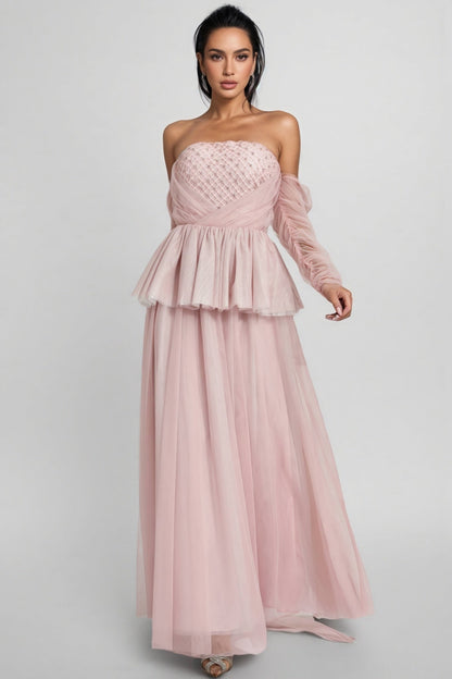 Xedand Pink Mesh Off Shoulder Maxi Dress