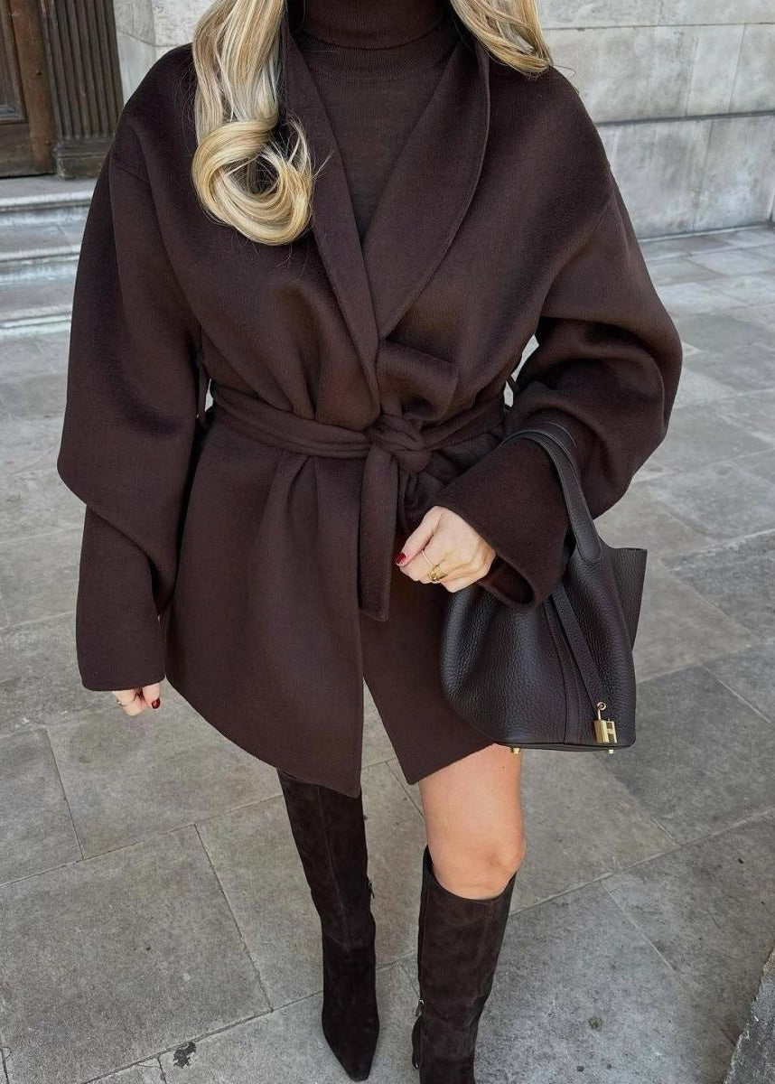 Brown Belted Wrap Coat with Wide Sleeves