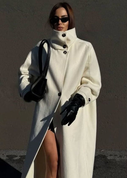 Women’s White Long Wool-Blend Coat with High Collar