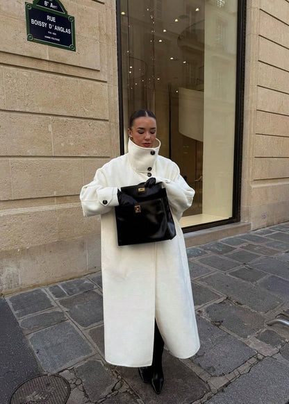 Women’s White Long Wool-Blend Coat with High Collar
