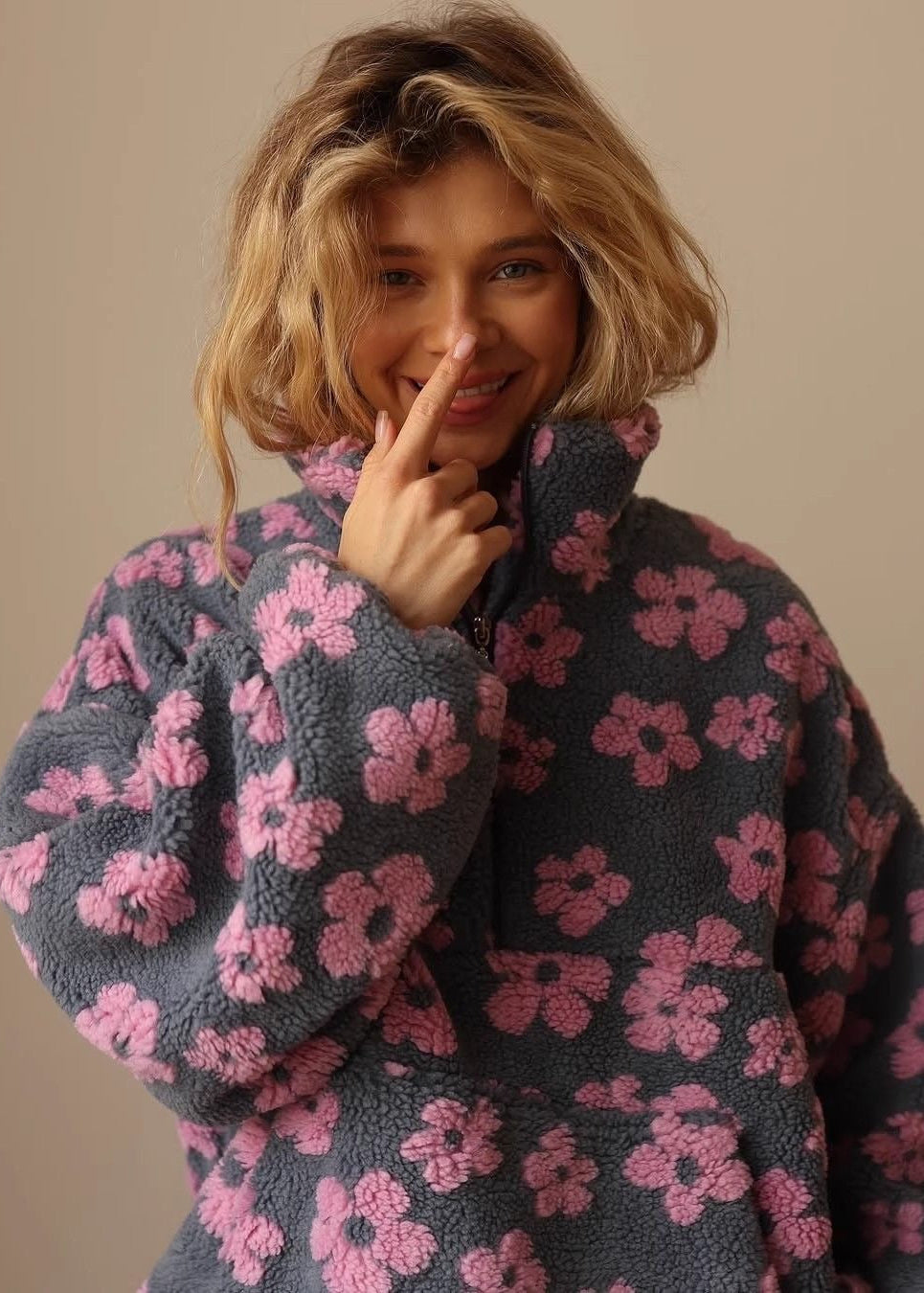 Floral Sherpa Half-Zip Pullover Jacket – Cozy Oversized Fleece Top