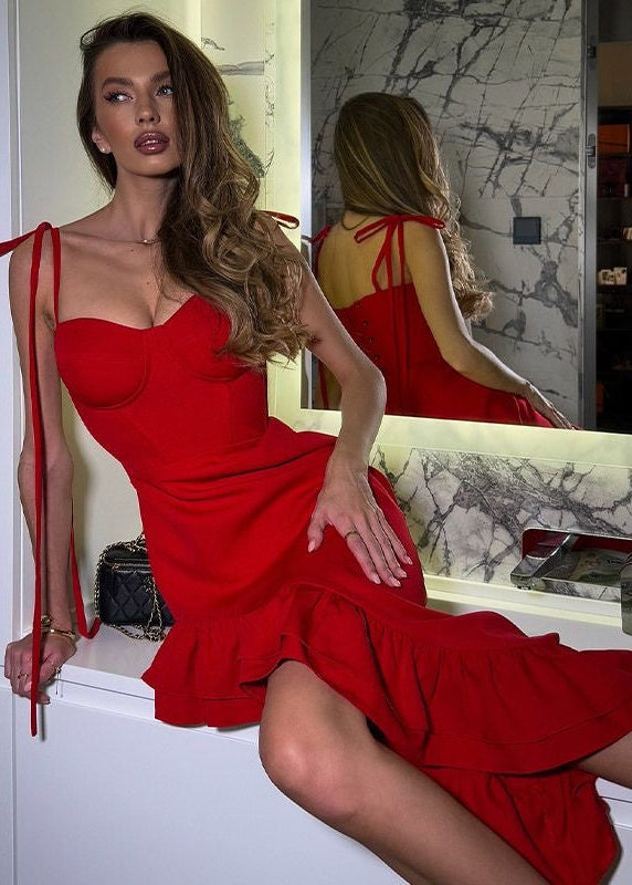 Red Corset Midi Dress with Ruffle Hem – Bodycon Party & Date Night Dress for Women