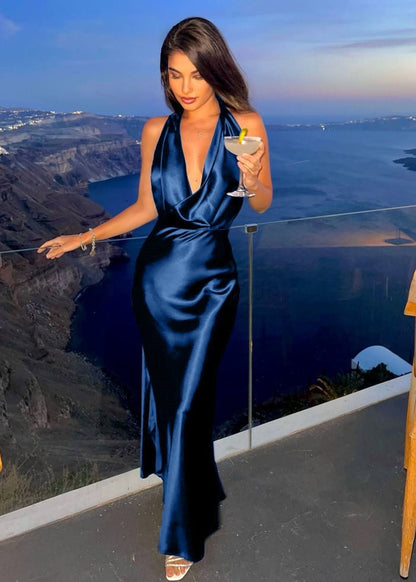 Navy Satin Halter Maxi Dress – Deep V Cowl Neck Backless Evening Gown for Women