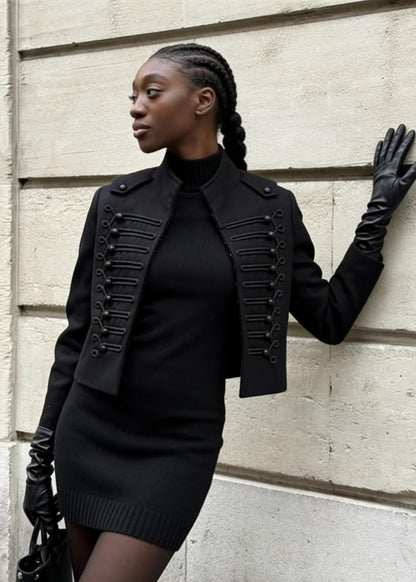 Women’s Cropped Military Jacket – Structured Black Statement Blazer Coat