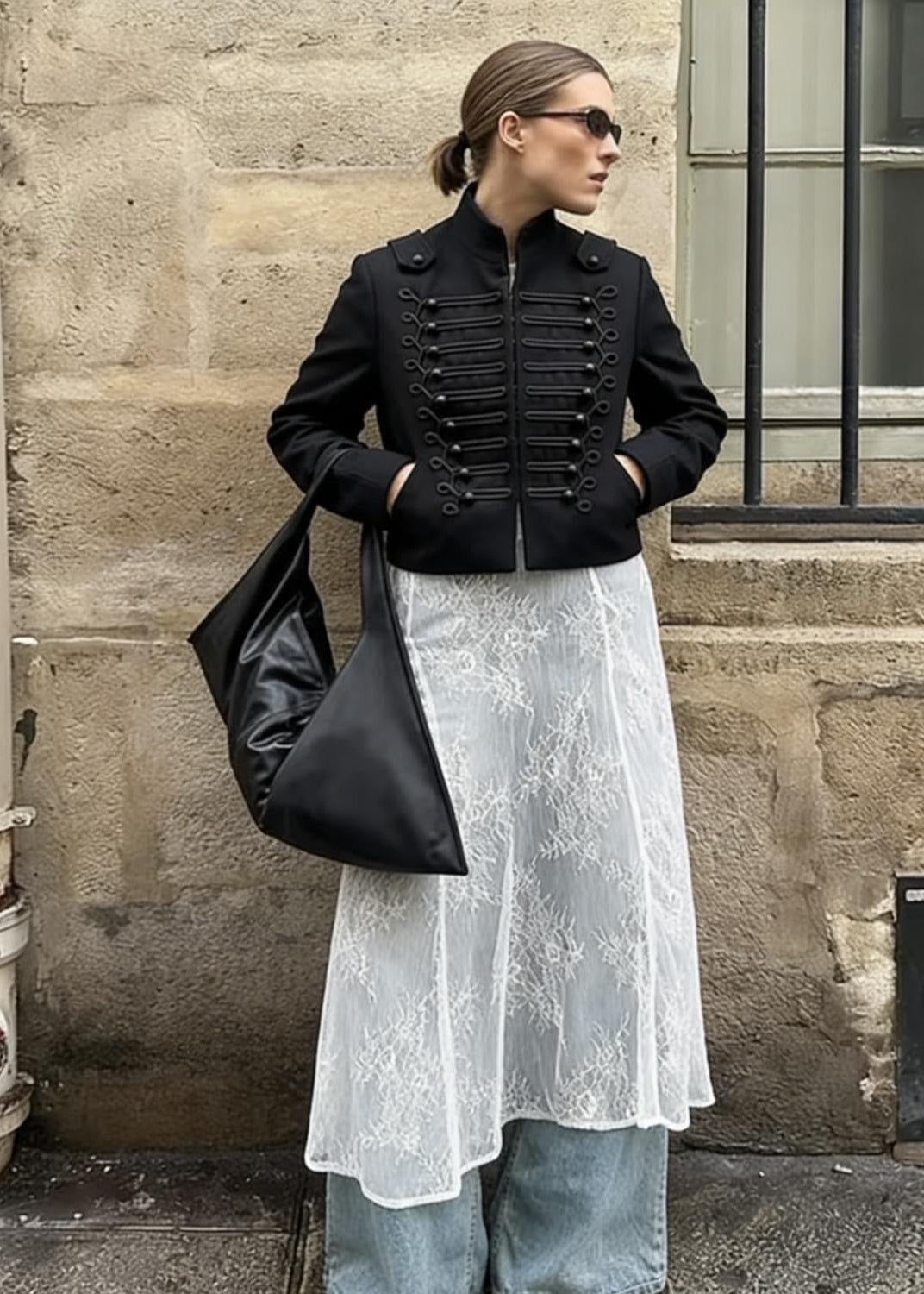 Women’s Cropped Military Jacket – Structured Black Statement Blazer Coat