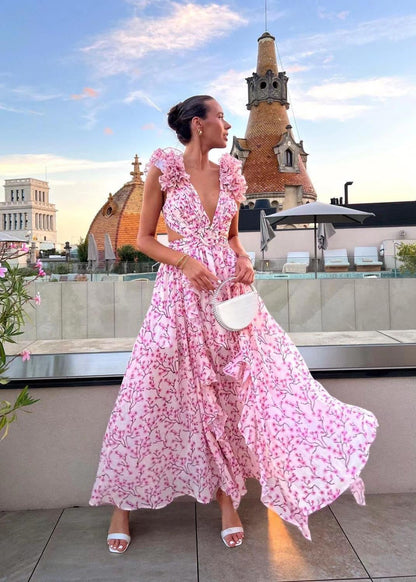 Pink Floral Ruffle Maxi Dress with Cut-Out Waist and Ring Detail