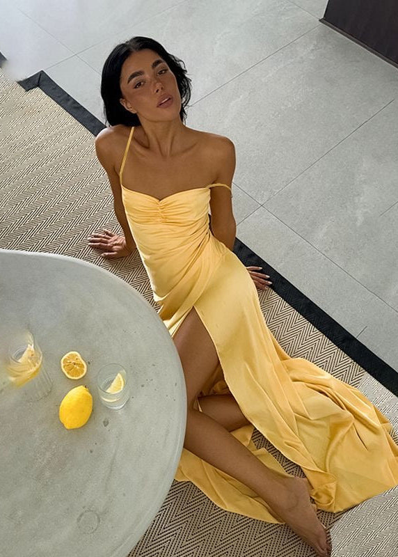Butter Yellow Satin Maxi Dress with Thigh Slit