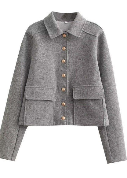 Women’s Cropped Button Front Jacket – Structured Short Fall Coat with Gold Buttons