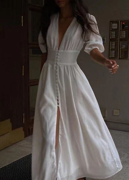 White V-Neck Maxi Dress – Puff Sleeve Button Front Summer Dress