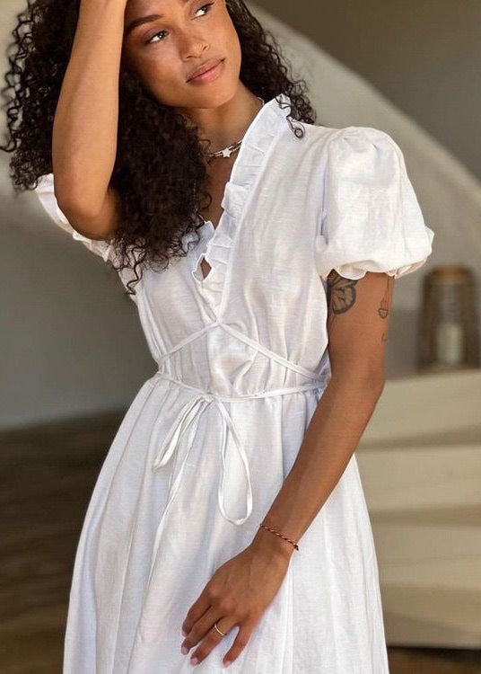 White Ruffle V-Neck Maxi Dress – Puff Sleeve Tie Waist Summer Dress