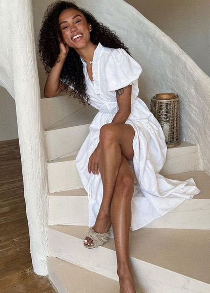 White Ruffle V-Neck Maxi Dress – Puff Sleeve Tie Waist Summer Dress