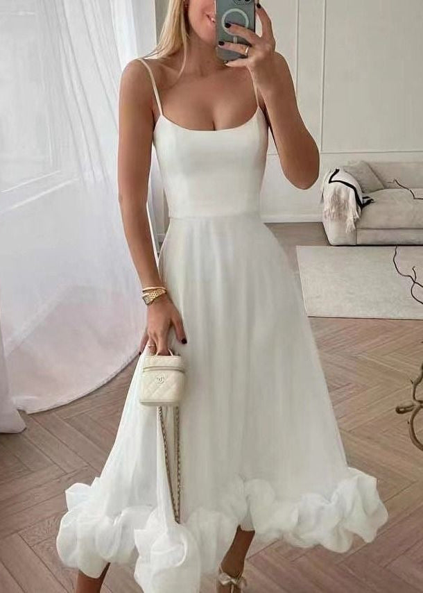 Serenity Ruffle Hem Midi Dress – Spaghetti Strap Fit & Flare Dress