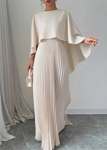Aurelia Pleated Cape Maxi Dress – Elegant Flowing Evening Gown with Draped Overlay