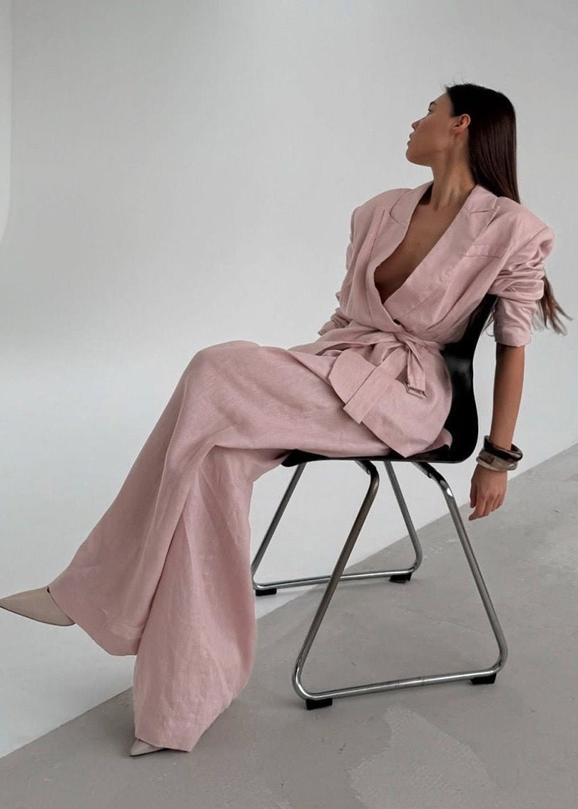Roselle Linen Tailored Set – Relaxed Blazer & Wide-Leg Pants Suit