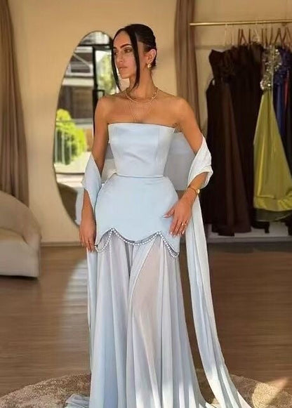 Aurelia Pearl Drape Maxi Dress – Strapless Corset Evening Gown with Scarf Detail