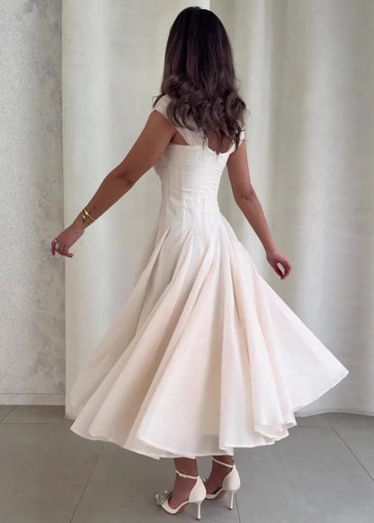 Rosaline Corset Midi Dress – Structured Waist Flowy A-Line Evening Dress