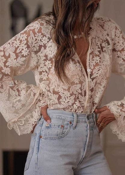 Elara Sheer Lace Blouse – Floral Button-Up Romantic Top