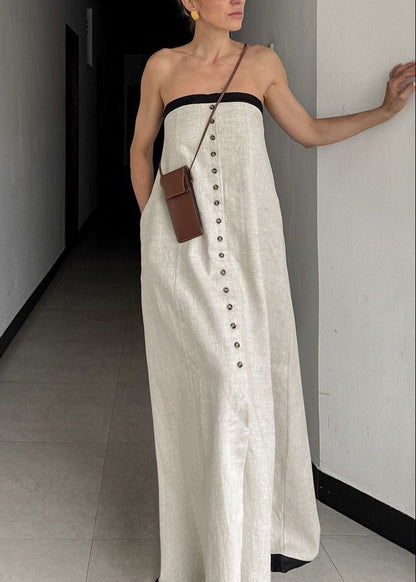 Monroe Strapless Linen Blend Maxi Dress – Button Front A-Line Summer Dress
