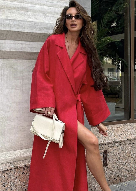 Arden Linen Blend Wrap Maxi Dress – Oversized Long Sleeve Belted Shirt Dress