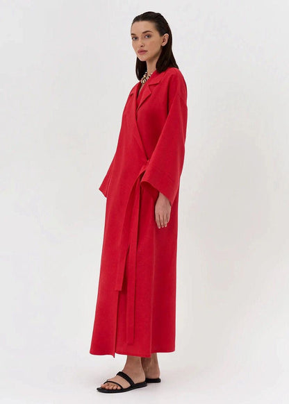 Arden Linen Blend Wrap Maxi Dress – Oversized Long Sleeve Belted Shirt Dress