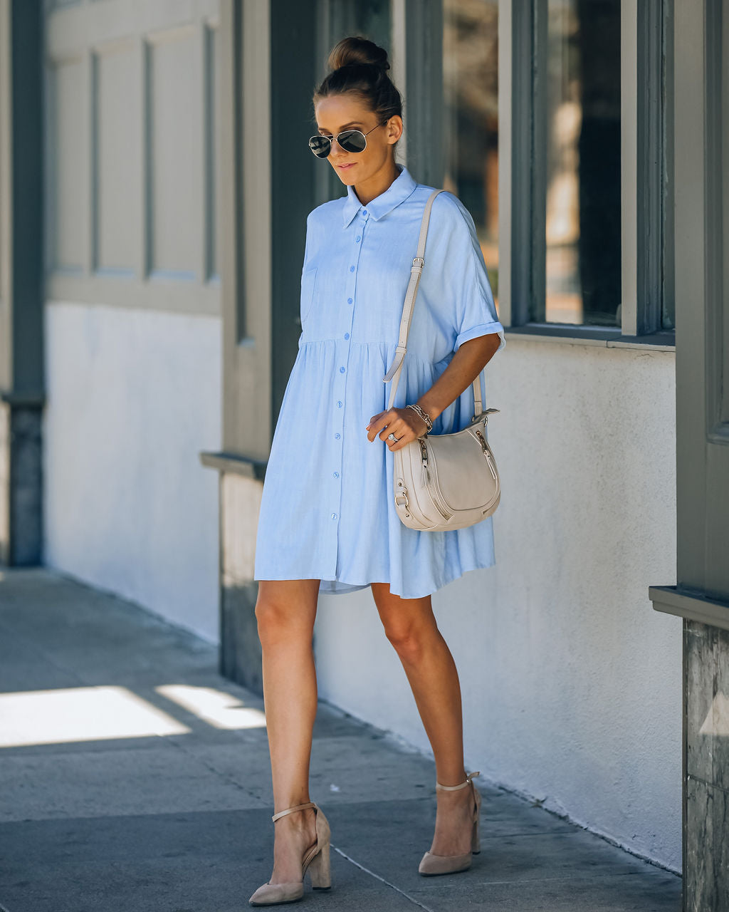 Hails Linen Blend Button Down Shirt Dress Baby Blue