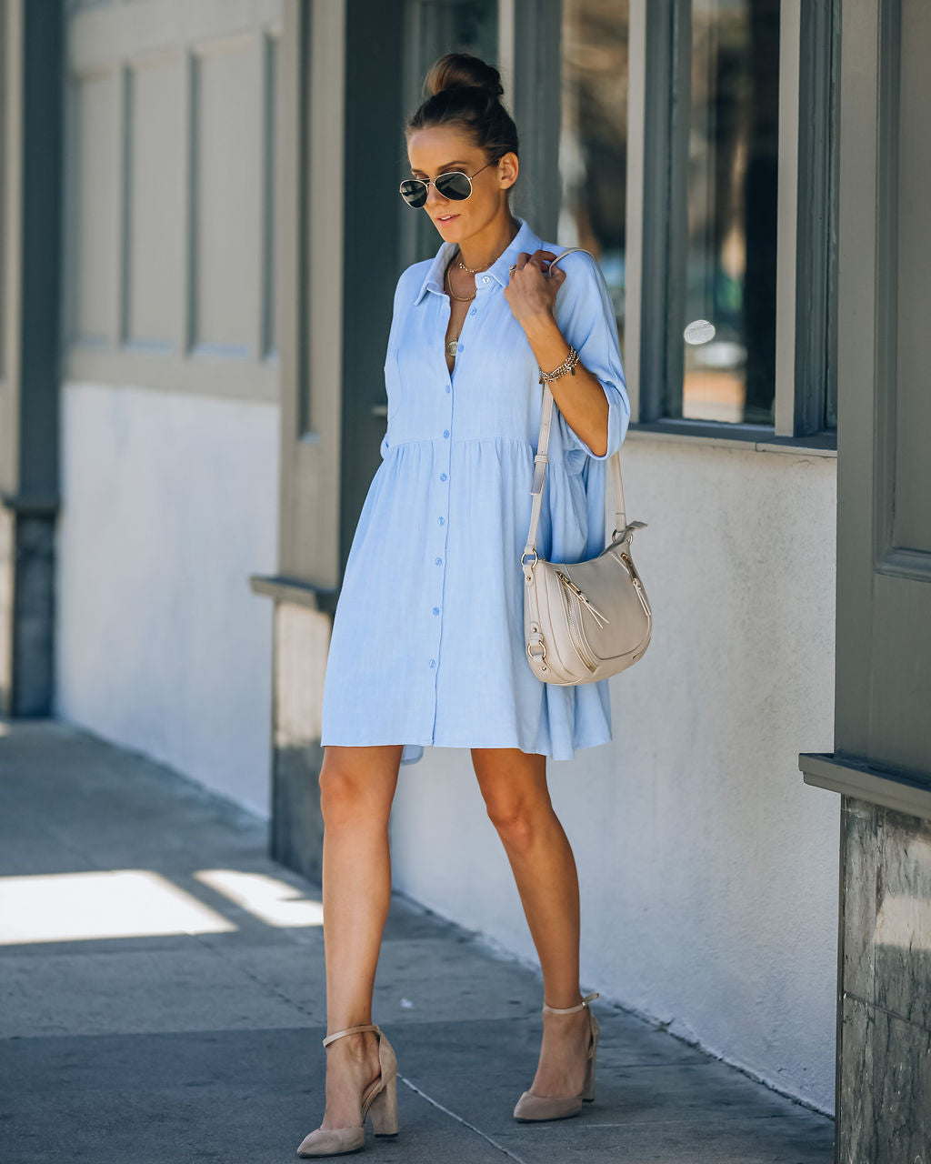Hails Linen Blend Button Down Shirt Dress Baby Blue