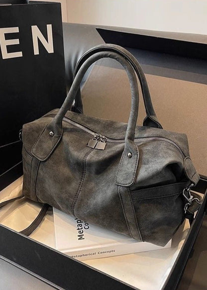 Faux Suede Shoulder Bag – Medium Tote with Top Handles and Crossbody Strap