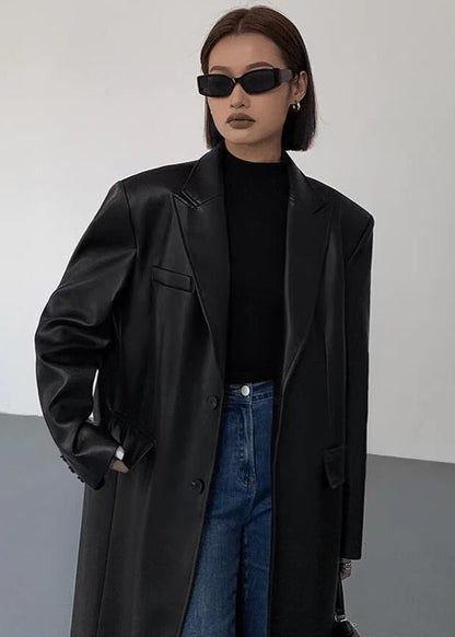 Oversized Faux Leather Long Coat – Women’s Dark Brown Single-Breasted Jacket