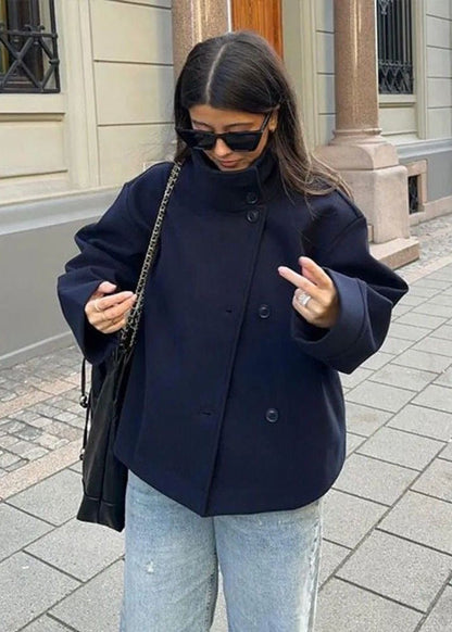 Aurora High Neck Wool Blend Jacket – Navy Blue Minimalist Coat