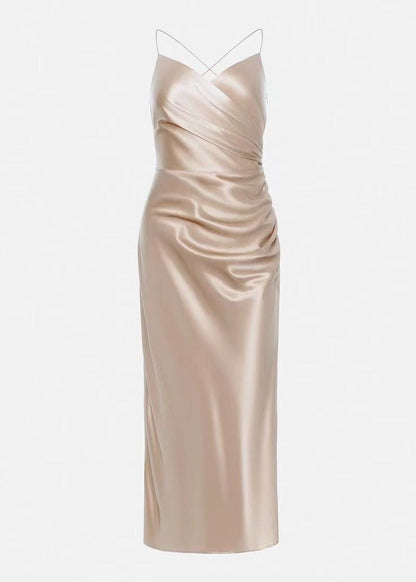 Champagne Satin Cross-Back Ruched Midi Dress