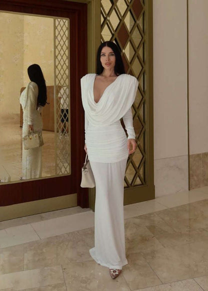Selene Draped Long-Sleeve Open-Back Gown