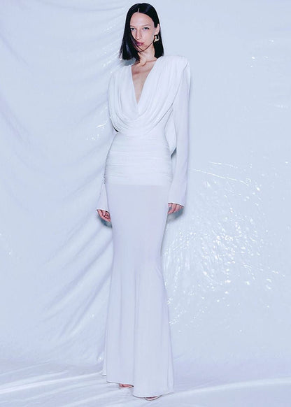 Selene Draped Long-Sleeve Open-Back Gown