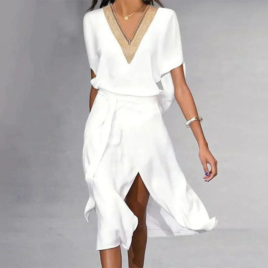Angela Aesthetic Modern Women's Midi Dress with V Neck Chic Silhouette Collection